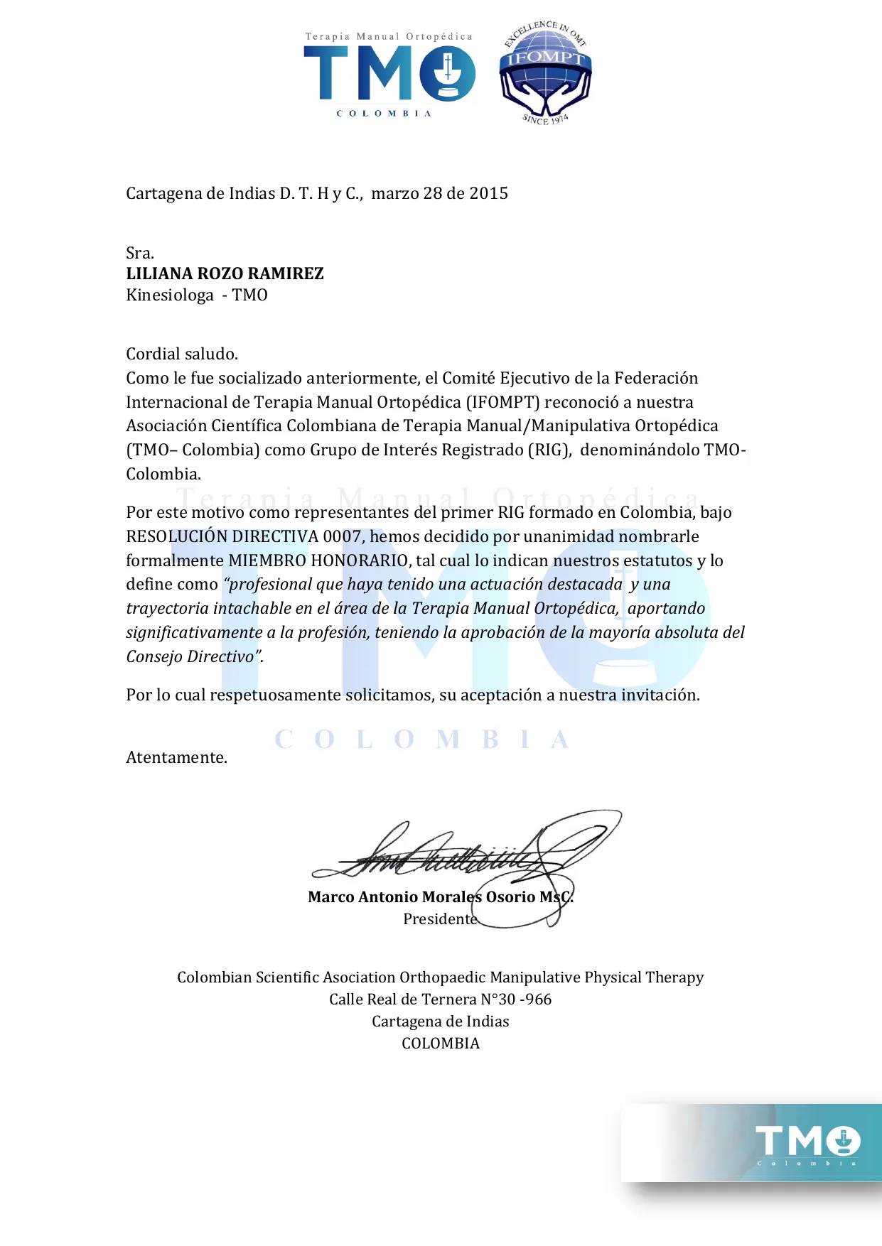 Carta de TMO Colombia que invita a Liliana Rozo a ser miembro honorario